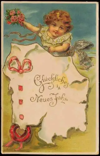 Ansichtskarte  Neujahr Sylvester New Year Mädchen mit Urkunde 1912 Goldrand