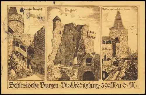 Adelsdorf Zagrodno Gröditzburg 3 Bild Federzeichnung 1915  gel Feldpost Breslau