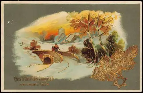 Neujahr Sylvester New Year Winterlandschaft Präge 1917 Goldrand