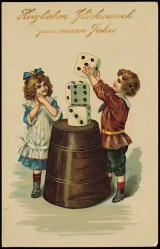 Neujahr Sylvester New Year Kinder mit Riesenwürfel und Becher 1912 Goldrand