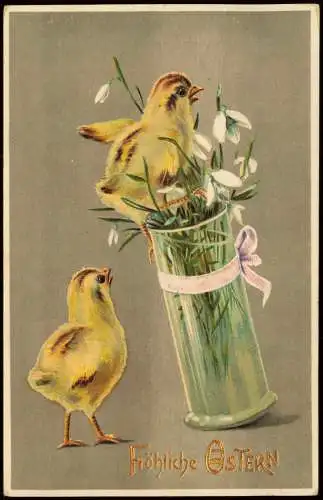 F Glückwunsch Ostern / Eastern Küken fallendes Glas 1911 Goldrand