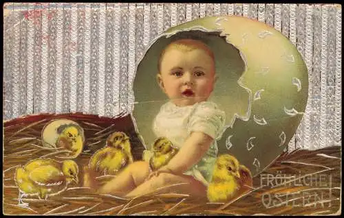 Glückwunsch Ostern / Eastern Baby im Riesen-Osterei Küken 1922 Silber-Effekt