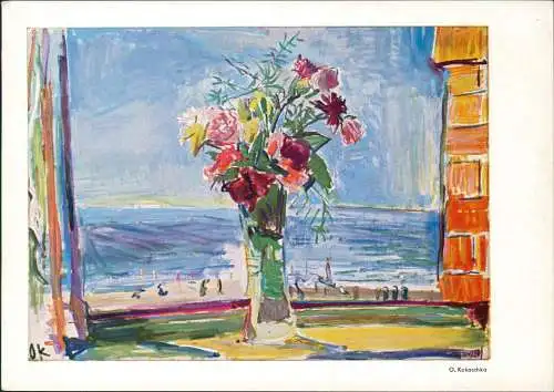 Künstlerkarte Gemälde Künstler O. KOKOSCHKA Blumen am Fenster 1960