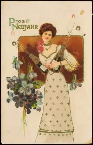 Ansichtskarte  Neujahr Sylvester New Year Frau mit Sektflaschen 1912 Goldrand