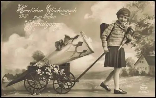 Schulanfang Einschulung - Mädchen zieht Riesenzuckertüte Fotokunst 1931