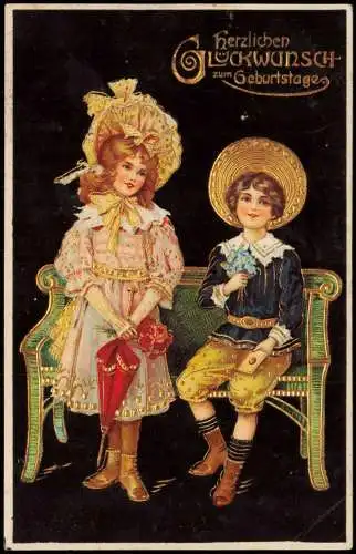 Glückwunsch Geburtstag Birthday Junge und Mädchen auf Bank Präge 1909 Goldrand