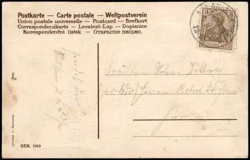 Glückwunsch Geburtstag Birthday Junge und Mädchen auf Bank Präge 1909 Goldrand