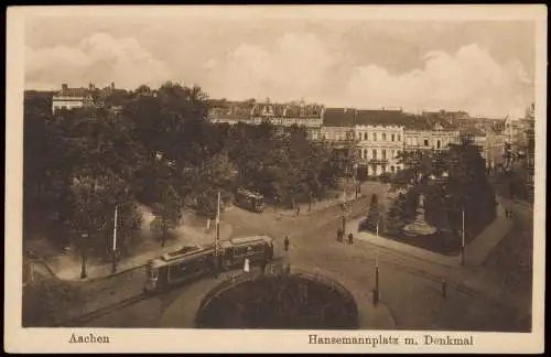 Ansichtskarte Aachen Hansemannplatz m. Denkmal, Straßenbahn 1916