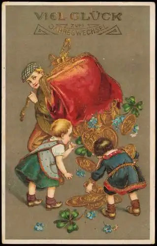 Ansichtskarte  Neujahr Sylvester New Year Kinder Goldstücke 1910 Goldrand
