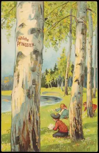 Ansichtskarte  Glückwunsch: Pfingsten Kinder im Birkenwald 1906 Goldrand