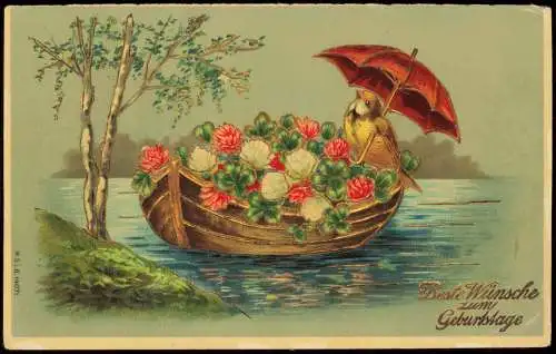 Geburtstag Birthday Vogel mit Regenschirm Boot voller Blumen 1909 Goldrand