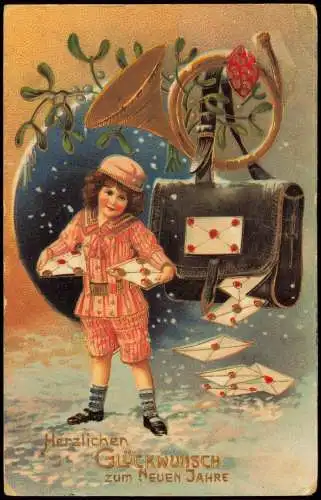 Ansichtskarte  Neujahr Sylvester New Year Junge als Briefträger 1909 Goldrand