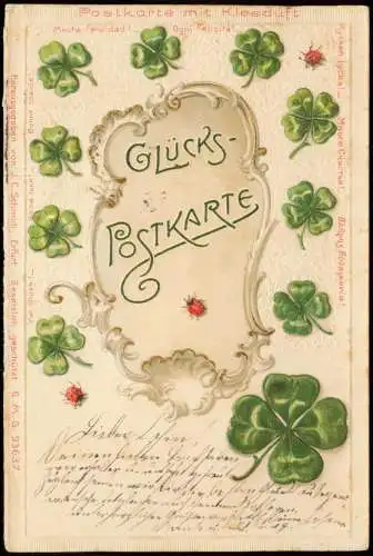 Luck Glück Kleeblätter Marienkäfer Duftkarte Kleeduft 1908 Prägekarte