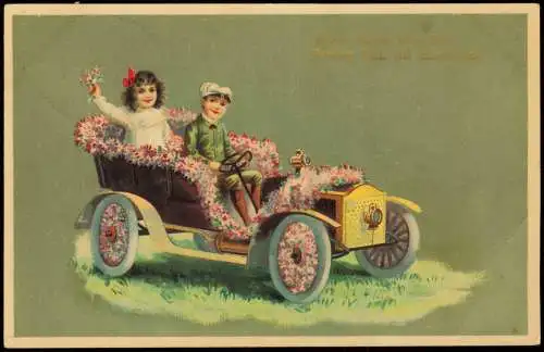 Ansichtskarte  Kinder in Blumen Auto Präge-Gold-Karte 1909