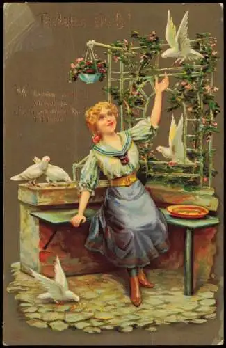 Ansichtskarte  Kinder Künstlerkarte Täubchen Gruss 1910 Goldrand