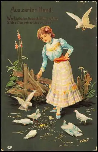 Künstlerkarte aus zarter Hand Mädchen beim füttern der Tauben 1908 Goldrand