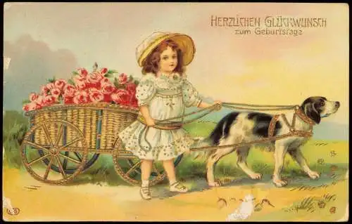 Glückwunsch Geburtstag Birthday Mädchen Hundekarren und Rosen 1910 Goldrand
