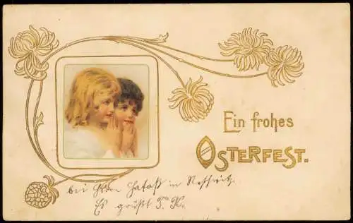 Glückwunsch Ostern / Eastern Kinder Jugendstil 1902 Goldrand/Prägekarte