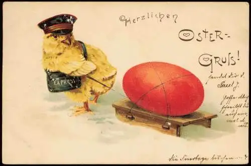 Ansichtskarte  Glückwunsch Ostern / Easter Küken zieht Riesenei 1908