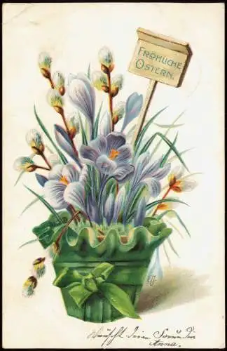 Glückwunsch Ostern / Eastern Blumentopf Weeidenkätzchen 1911 Prägekarte