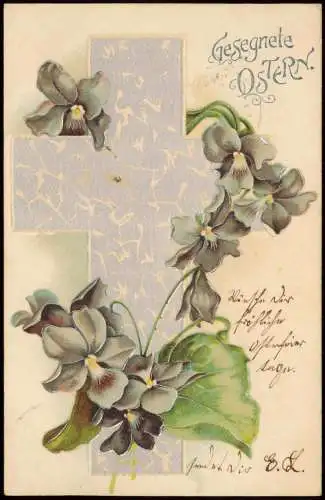 Ansichtskarte  Glückwunsch Ostern / Eastern Kreuz Blumen# 1906 Silber-Effekt