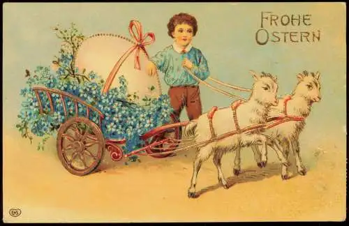 Ansichtskarte  Lämmer ziehen Riesen-Ei Junge 1910 Goldrand