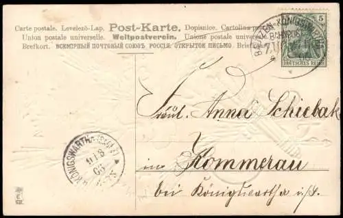 Ansichtskarte  Strauß Kornblumen Ähren Sichel 1906 Prägekarte Bahnpoststempel