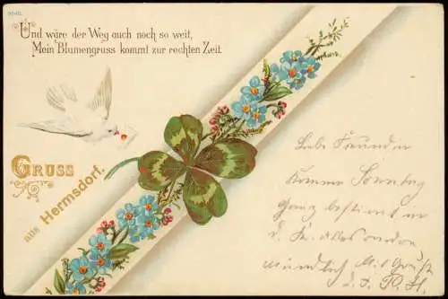 Ansichtskarte  Brieftaube Blumengruss Kleeblatt Gruss aus Hermsdorf 1912