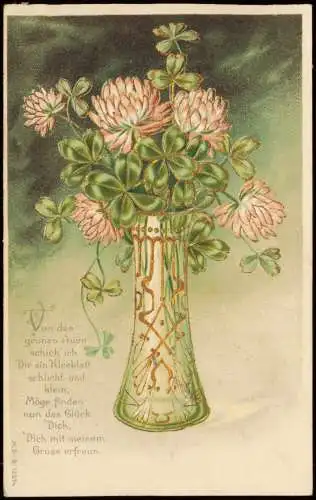 Glück Luck vierblättrige Kleeblätter Künstlerkarte 1911 Goldrand/Prägekarte