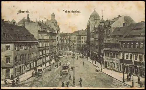 Ansichtskarte Chemnitz Johannisplatz, Straßenbahn, Dietzes Restaurant 1905
