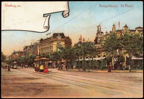 Ansichtskarte St. Pauli-Hamburg Reeperbahn, Straßenbahn 1908