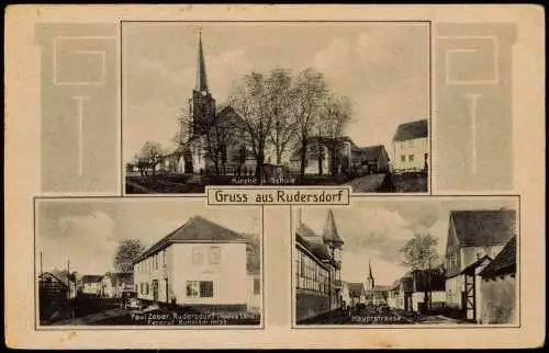 Ansichtskarte Rudersdorf (Thüringen) Kirche u. Schule Hauptstrasse 1932