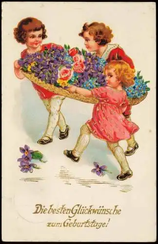 Glückwunsch Geburtstag Birthday Mädchen tragen Blumenbouquet 1937 Goldrand