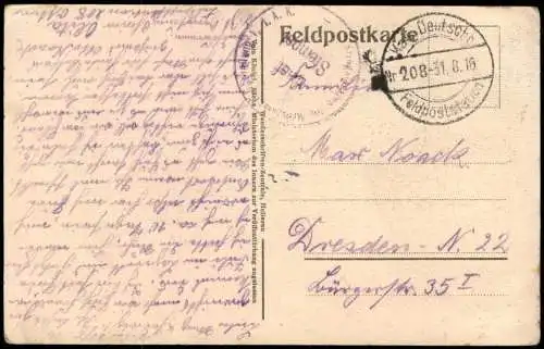 Ansichtskarte  In Rössnersdorf 1916  gel. Stempel Deutsche Feldpoststation