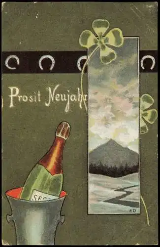 Ansichtskarte  Neujahr Sylvester New Year Sektflasche Kleeblatt 1909