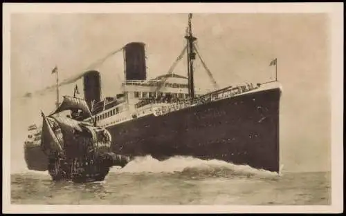 Schiffe Dampfer Steamer Columbus m. Karawelle Santa Maria 1929 gel. Bordstempel