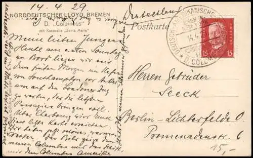 Schiffe Dampfer Steamer Columbus m. Karawelle Santa Maria 1929 gel. Bordstempel