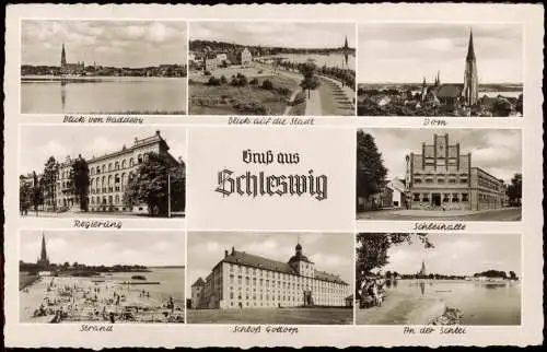 Ansichtskarte Schleswig (Sleswig/Slesvig) MB Regierung Schleihalle Stadt 1956