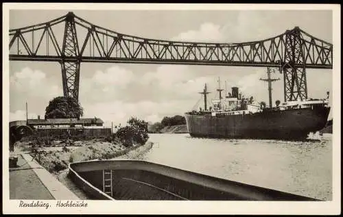 Ansichtskarte Rendsburg Hochbrücke Frachtschiff 1954