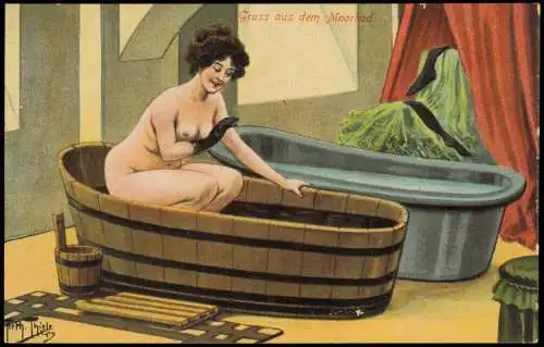 Ansichtskarte  Künstlerkarte nackte Frau in Badewanne Arthur Thiele 1912
