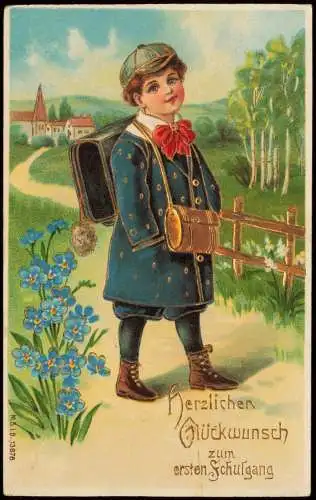 Glückwunsch - Schulanfang Einschulung Junge vor Stadt 1909 Goldrand