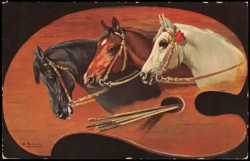 Ansichtskarte  Künstlerkarte: Pferde auf Malerpalette 1910