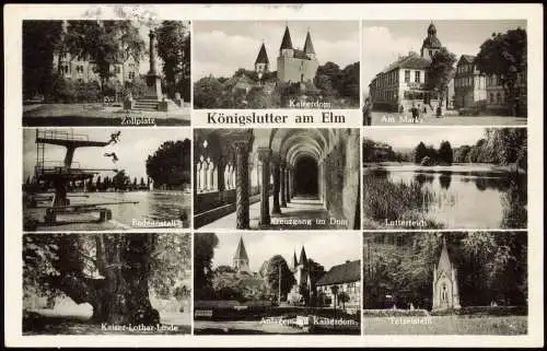 Königslutter am Elm Mehrbild-AK mit Badeanstalt, Zollplatz, Markt uvm. 1957