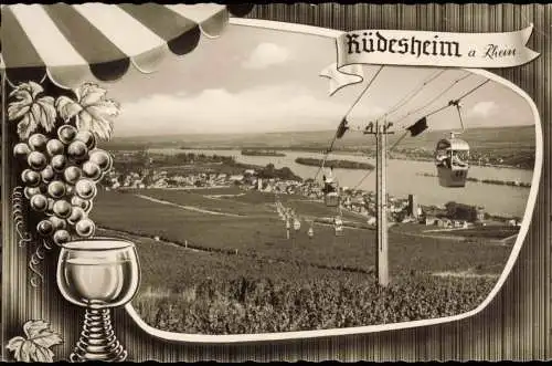 Rüdesheim (Rhein) Panorama-Ansicht, Gondelbahn, Wein-Motive 1963