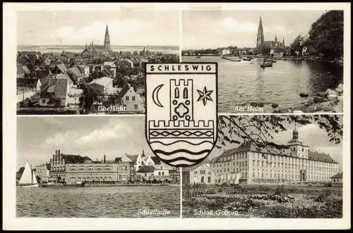 Schleswig (Sleswig/Slesvig) Mehrbild-AK mit Hafen Partie, Übersicht, Schloss Gottorp 1957