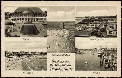 Travemünde-Lübeck Mehrbildkarte Casino Blick auf die Mole Am Strand 1961