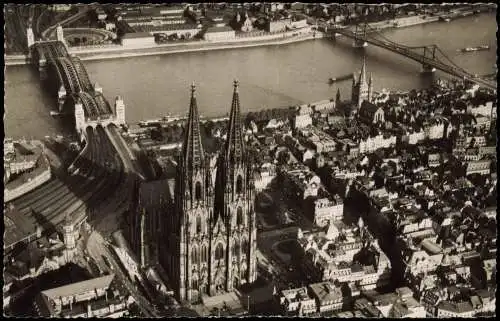Ansichtskarte Köln Luftbild, Bereich am Dom, Rhein-Brücke 1960