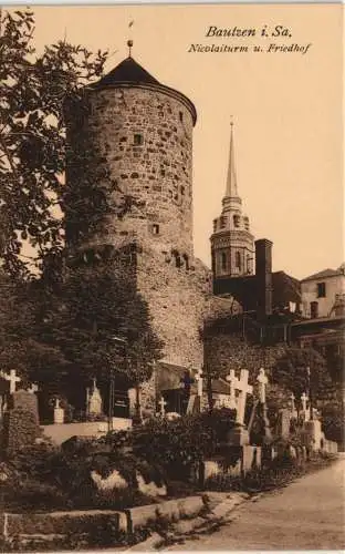 Ansichtskarte Bautzen Budyšin Nicolaifriedhof und Turm 1915
