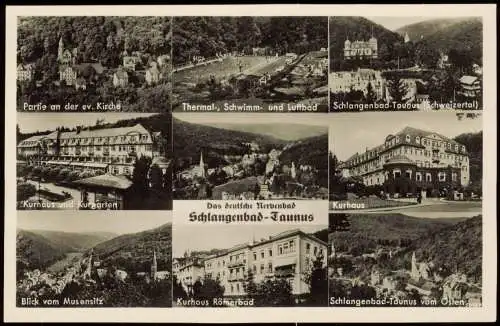 Schlangenbad Mehrbildkarte mit Kurhaus, Schwimmbad, Panorama uvm. 1950