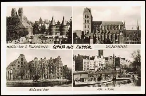 Lübeck Mehrbildkarte mit Salz-Speicher, Hafen, Marienkirche, Holstentor 1960